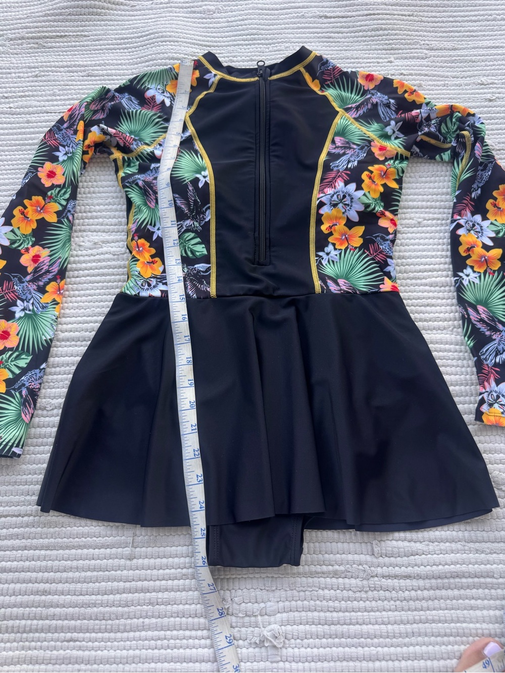 Amazon Black Tropical Floral Long-Sleeve Rash Guard Swim Dress with Yellow Trim - Picture 9 of 12